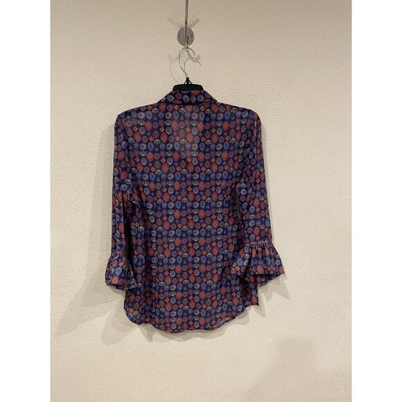 Gretchen Scott Shirt Womens Large Blue Paisley 3/4 Bell Sleeve Sheer Boho Top - Picture 4 of 4